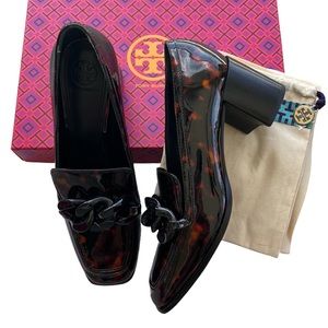 Tory Burch Patent Leather Chain Adrien 65MM Pump Tortoise Brown Black Size 7.5